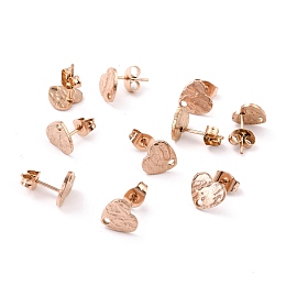 Honeyhandy Ion Plating(IP) 304 Stainless Steel Stud Earring Findings, with Ear Nuts, Textured Heart, Rose Gold, 12x9mm, Hole: 1.4mm, Pin: 0.7mm