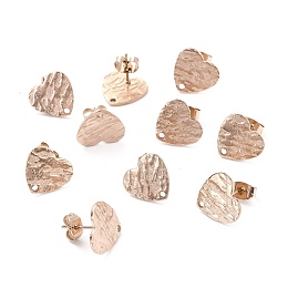 Honeyhandy Ion Plating(IP) 304 Stainless Steel Stud Earring Findings, with Ear Nuts, Textured Heart, Rose Gold, 12x13mm, Hole: 1.5mm, Pin: 0.7mm