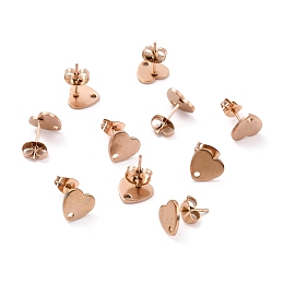 Honeyhandy Ion Plating(IP) 304 Stainless Steel Stud Earring Findings, with Ear Nuts, Heart, Rose Gold, 12x9mm, Hole: 1.4mm, Pin: 0.7mm