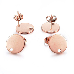 Honeyhandy Ion Plating(IP) 304 Stainless Steel Stud Earring Findings, with Loop and Flat Plate, Ear Nuts/Earring Backs, Flat Round, Rose Gold, 12x1mm, Hole: 1.6mm, Pin: 0.8mm