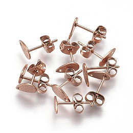 Honeyhandy Ion Plating(IP) 304 Stainless Steel Stud Earring Findings, Textured, Teardrop, Rose Gold, 8x5x0.7mm, Hole: 1mm, Pin: 0.7