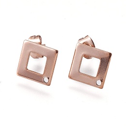 Honeyhandy Ion Plating(IP) 304 Stainless Steel Stud Earring Findings, Square/Rhombus, Rose Gold, 13.5x13.5x0.8mm, Hole: 1mm, Pin: 0.7mm