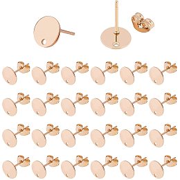 UNICRAFTALE 50pcs Rose Gold Flat Round Stud Earring Settings Stainless Steel Ear Stud with Loop and Ear Nuts 0.8mm Pin Earring Finding for Jewelry Making