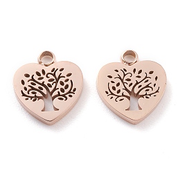 Honeyhandy Ion Plating(IP) 304 Stainless Steel Charms, Laser Cut, Heart with Tree of Life, Rose Gold, 12x11x1.5mm, Hole: 1.8mm