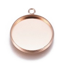 Honeyhandy Ion Plating(IP) 304 Stainless Steel Pendant Cabochon Settings, Plain Edge Bezel Cups, Flat Round, Rose Gold, Tray: 16mm, 20.5x17.5x2mm, Hole: 1.8mm