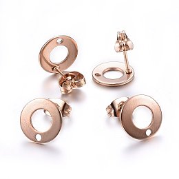 Honeyhandy Ion Plating(IP) 304 Stainless Steel Stud Earring Findings, with Loop, Flat Round, Rose Gold, 10x1mm, Hole: 1.5mm, Pin: 0.8mm