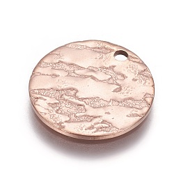 Honeyhandy Ion Plating(IP) Stainless Steel Pendants, Textured, Flat Round, Rose Gold, 15x1mm, Hole: 1.5mm