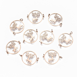 304 Stainless Steel Links Connectors, Laser Cut, Flat Round with Christmas Reindeer/Stag, Rose Gold, 14x17x1mm, Jump Ring: 3x0.4mm, 2.2mm inner diameter