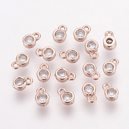 Honeyhandy Brass Cubic Zirconia Charms, Flat Round, Rose Gold, 6x4x2mm, Hole: 1mm