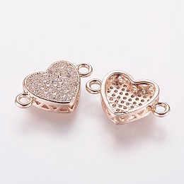 Honeyhandy Brass Micro Pave Cubic Zirconia Links, Heart, Rose Gold, 18x11.5x4mm, Hole: 2mm