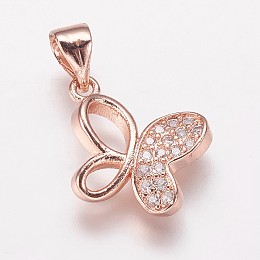 Honeyhandy Brass Cubic Zirconia Pendants, Butterfly Charms, Rose Gold, 12x14x2.5mm, Hole: 3.5x5mm