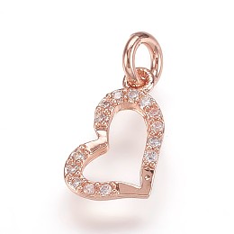 Honeyhandy Brass Micro Pave Cubic Zirconia Pendants, Heart Charms, Rose Gold, 12.5x8x2mm, Hole: 3mm