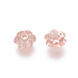 Honeyhandy Brass Micro Pave Cubic Zirconia Fancy Bead Caps, 6-Petal, Flower, Clear, Rose Gold, 8x3mm, Hole: 1.7mm