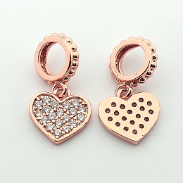 Honeyhandy Brass Micro Pave Cubic Zirconia Large Hole European Dangle Heart Charms, Cadmium Free & Nickel Free & Lead Free, Real Rose Gold Plated, 17mm, Hole: 4mm, Heart: 10x9x1.5mm