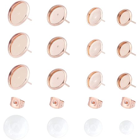 UNICRAFTALE About 32sets 4 Sizes 8/10/12/14mm Tray Earring Bezel with Cabochons Stainless Steel Stud Earring Earring Blank Bezel Tray for Jewelry Making, Rose Gold