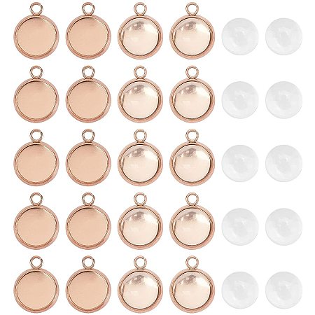 Arricraft 10 Sets Rose Gold Half Round 304 Stainless Steel Pendant Cabochon Trays with 8mm Glass Dome Tiles Cabochons, Blank Bezel Cabochon Settings for Pendant Making DIY Jewelry Making