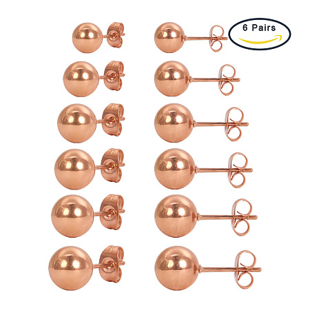 PandaHall Elite 6 pairs of Mixed Size 2-8mm 316 Stainless Steel Ball Stud Earrings Rose Gold Sets for Women Jewelry