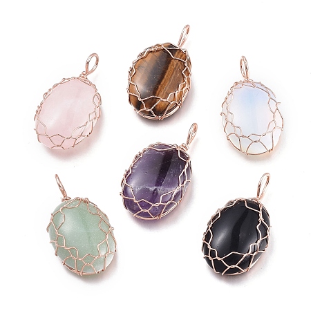 Honeyhandy Mixed Gemstones Pendants, Wire Wrapped Pendants, with Rose Gold Plated Brass Wire, Oval, 42.5x23x10mm, Hole: 5x7mm