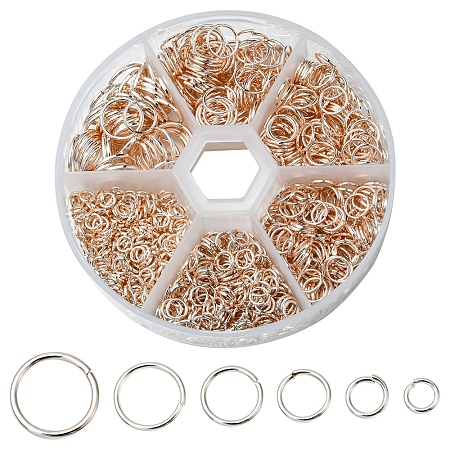 Honeyhandy 1 Box Iron Jump Rings Set, Mixed Sizes, Open Jump Rings, Round Ring, Rose Gold, 18~21 Gauge, 4~10x0.7~1mm, Inner Diameter: 2.6~8mm, 10g/size, 6 sizes, about 1000pcs/box