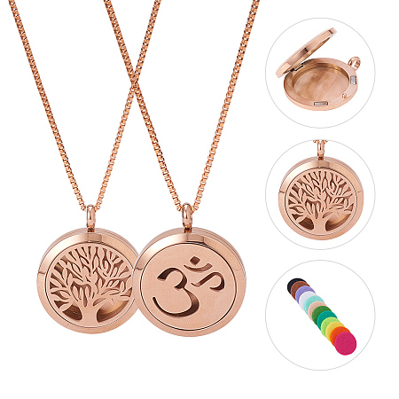 BENECREAT 2PCS Aromatherapy Essential Oil Diffuser Necklace Rose Gold Life Theme Stainless Steel Locket Pendant with 24