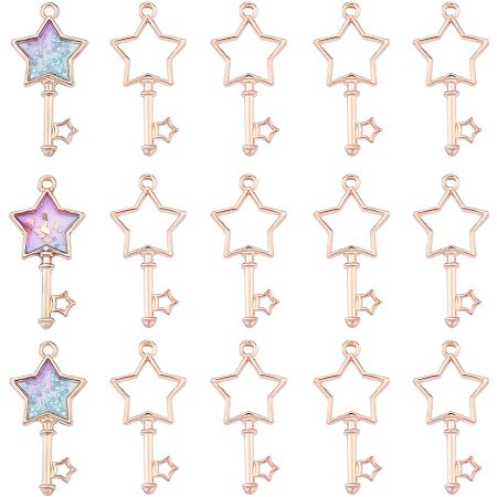PandaHall Elite 20 Pcs Alloy Magic Wand Star Key Open Bezel Charm Pressed Flower Blank Frame Hollow Mould Pendants for UV Resin Crafts Jewelry Making, Rose Gold