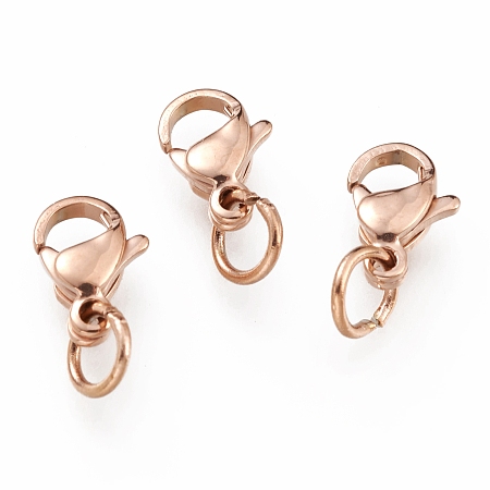 Honeyhandy Ion Plating(IP) 304 Stainless Steel Lobster Claw Clasps, With Jump Ring, Rose Gold, 10x7x3mm, Hole: 3.2mm, Jump Ring: 5x0.6mm
