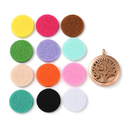 Ion Plating(IP) 316 Surgical Stainless Steel Diffuser Locket Pendants, with Perfume Pad and Magnetic Clasps, Tree of Life, Rose Gold, 36.5~37x30x6~6.5mm, Hole: 5mm, inner diameter: 23mm, 12color/set