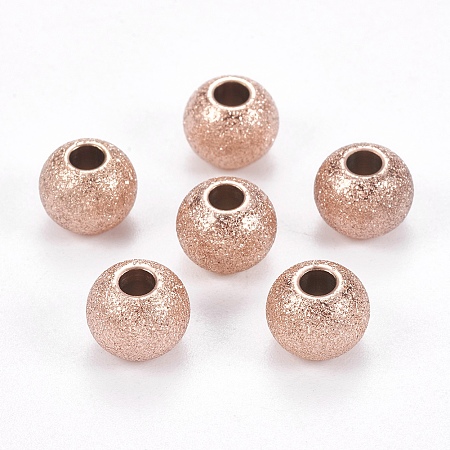 Vacuum Plating 304 Stainless Steel Textured Beads, Round, Rose Gold, 8x6~6.5mm, Hole: 2.5mm