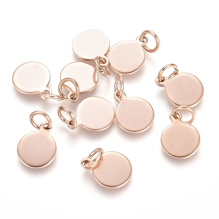 Honeyhandy Ion Plating(IP) 304 Stainless Steel Charms, Stamping Blank Tag, with Jump Rings, Flat Round, Rose Gold, 10.5x8x0.8mm, Hole: 3.5mm