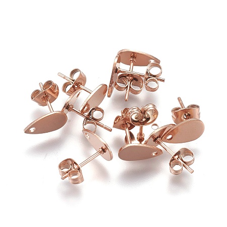 ARRICRAFT Vacuum Plating 304 Stainless Steel Stud Earring Findings, with Flat Plate, Teardrop, Rose Gold, 10x6x0.5mm, Hole: 1mm, Pin: 0.7mm