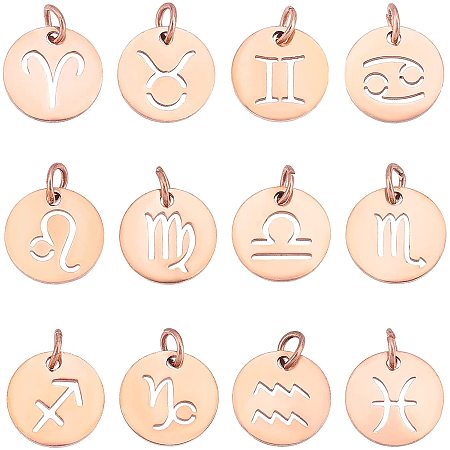 UNICRAFTALE 12pcs 12mm Rose Gold Zodiac Sign in Flat Round Charms Stainless Steel Pendants 12 Constellations 3mm Hole Metal Charms for Jewelry Making