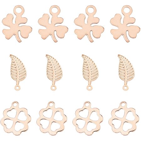 UNICRAFTALE about 36pcs Clover/Leaf Charms Rose Gold Pendants Stainless Steel Charm Metal Charms Smooth Pendant for Jewelry Making 11-14mm