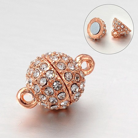 Honeyhandy Round Alloy Rhinestone Magnetic Clasps with Loops, Rose Gold, 16x10mm, Hole: 1mm