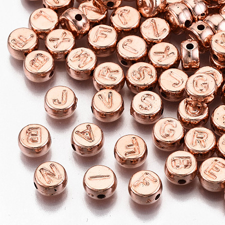 ARRICRAFT CCB Plastic Beads, Horizontal Hole, Flat Round with Letter A~Z, Rose Gold, 7x4mm, Hole: 1.4mm