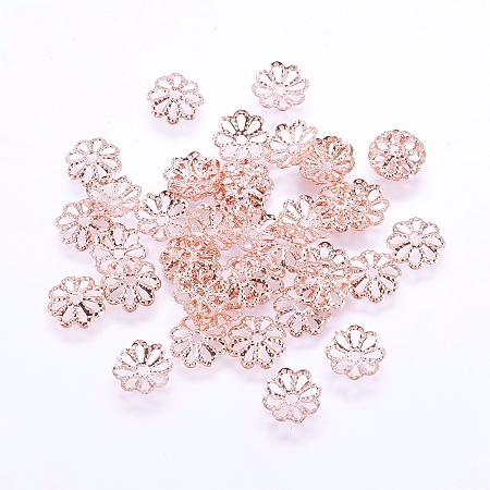 Honeyhandy Long-Lasting Plated Brass Fancy Bead Caps, Multi-Petal, Real Rose Gold Plated, Flower, Rose Gold, 8x1mm, Hole: 1mm