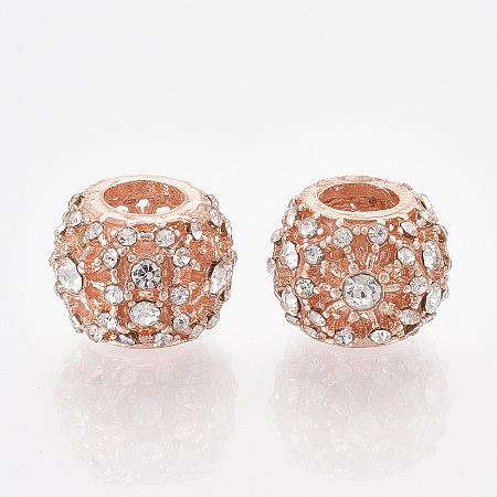 Honeyhandy Rose Gold Plated Alloy European Beads, with Rhinestones, Large Hole Beads, Rondelle, Crystal, 11x8.5mm, Hole: 4.5mm
