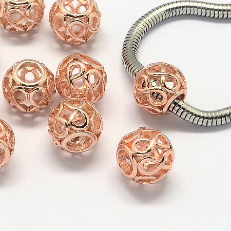 Honeyhandy Alloy European Beads, Large Hole Beads, Rondelle, Hollow, Rose Gold, 11x9.5mm, Hole: 5mm