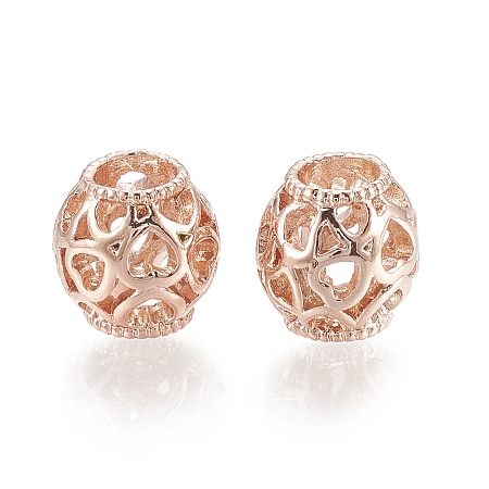 Honeyhandy Alloy European Beads, Hollow, Large Hole Beads, Rondelle with Heart, Rose Gold, 11x11mm, Hole: 5mm