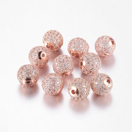 Honeyhandy Brass Micro Pave Cubic Zirconia Beads, Round, Rose Gold, 10mm, Hole: 2mm