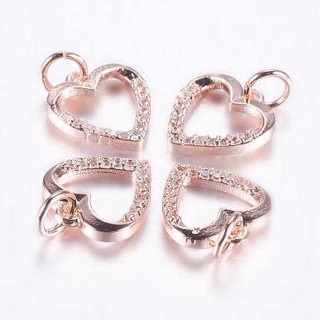 Honeyhandy Long-Lasting Plated Brass Micro Pave Cubic Zirconia Charms, Hollow Heart, Real Rose Gold Plated, 11.5x11x2mm, Hole: 3mm