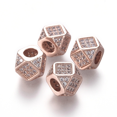 Honeyhandy Brass Micro Pave Cubic Zirconia Beads, Polygon, Clear, Real Rose Gold Plated, 6.5x6.5x6.5mm, Hole: 3mm, Diagonal Length: 9mm