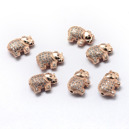 Honeyhandy Rack Plating Brass Cubic Zirconia Beads, Long-Lasting Plated, Elephant, Rose Gold, 9.5x13.5x5mm, Hole: 1.5mm