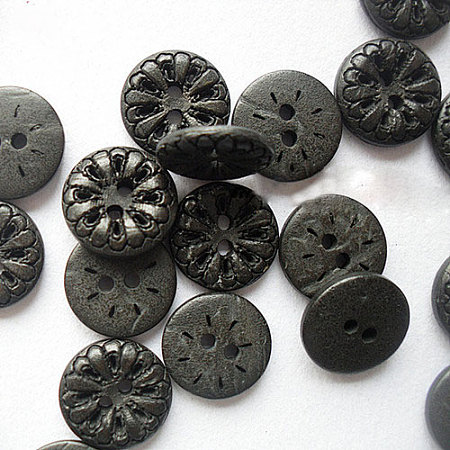 Honeyhandy Carved 2-Hole Basic Sewing Buttons, Coconut Buttons, Black, 13mm