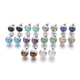 Honeyhandy Natural & Synthetic Gemstone Stud Earrings, with Brass Findings, Half Round, Platinum, 12mm, Pin: 0.8mm