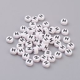 Honeyhandy Flat Round with Letter H Acrylic Beads, with Horizontal Hole, White & Black, Size: about 7mm in diameter, 4mm thick, hole: 1mm