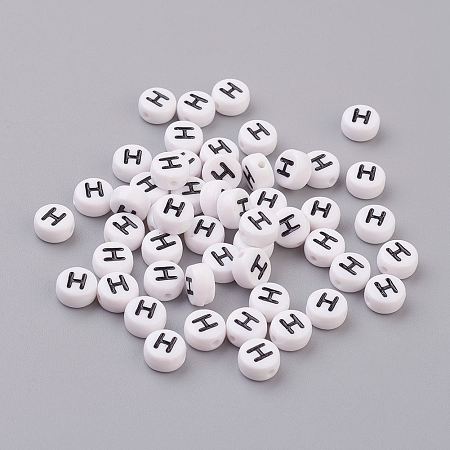 Honeyhandy Flat Round with Letter H Acrylic Beads, with Horizontal Hole, White & Black, Size: about 7mm in diameter, 4mm thick, hole: 1mm