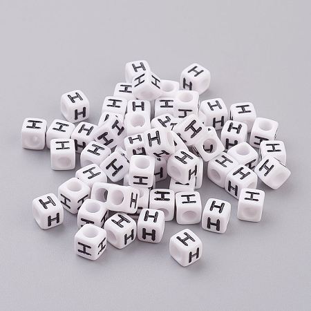 6MM White Letter Acrylic Cube Beads, Letter H, Size: about 6mm wide, 6mm long, 6mm high, hole: 3.2mm, about 300pcs/50g