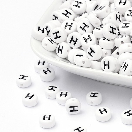 Honeyhandy Acrylic Beads, with Horizontal Hole, Letter, Flat Round, Letter.H, 7x4mm, Hole: 1mm, about 146pcs/20g