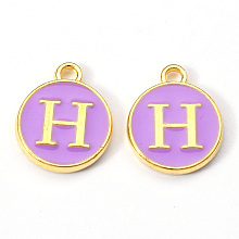 Honeyhandy Golden Plated Alloy Enamel Charms, Enamelled Sequins, Flat Round with Letter, Medium Purple, Letter.H, 14x12x2mm, Hole: 1.5mm