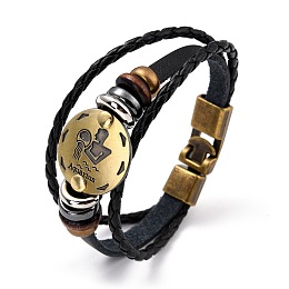 Honeyhandy Braided Leather Cord Retro Multi-strand Bracelets, with Wood Beads, Hematite Beads and Alloy Findings, Flat Round,  Antique Bronze, Aquarius, 8-1/4 inch(21cm)